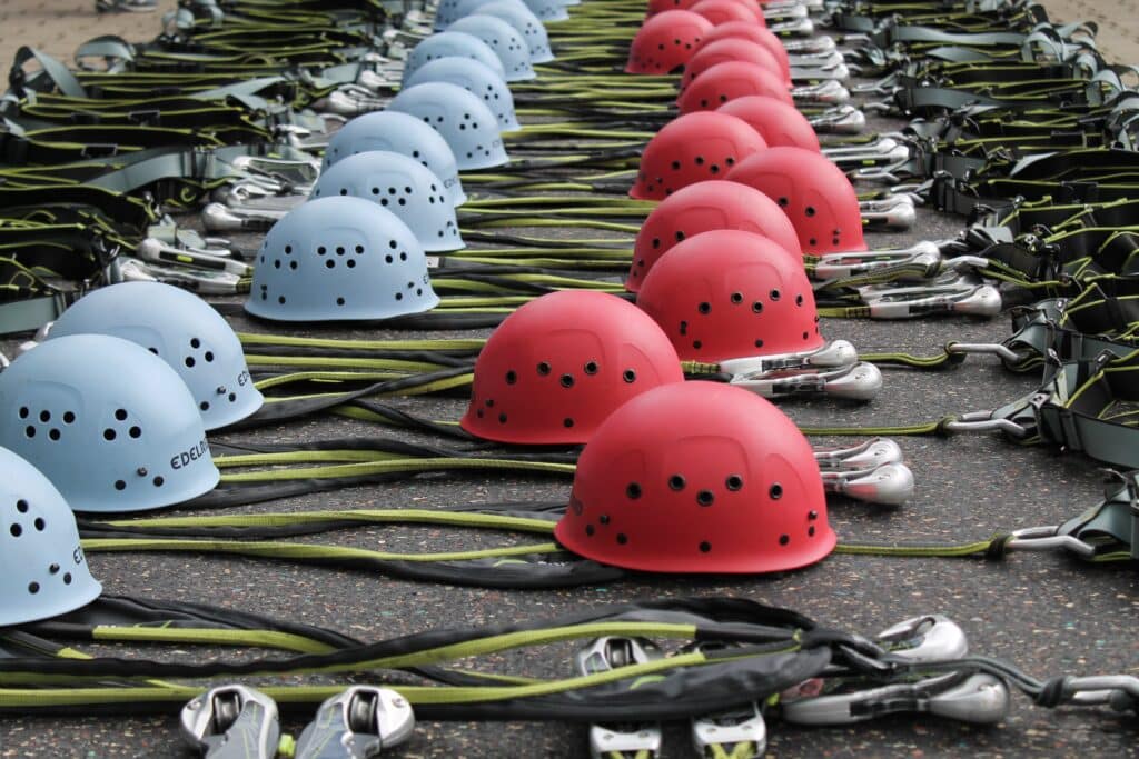 close up shot of various climbing safety equipment used for joshua tree rock climbing.