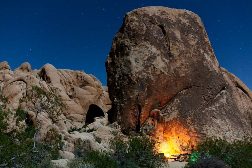 a photo of a campsite at dusk in the Joshua Tree National Park, detailed in the Joshua Tree Climbing Guide