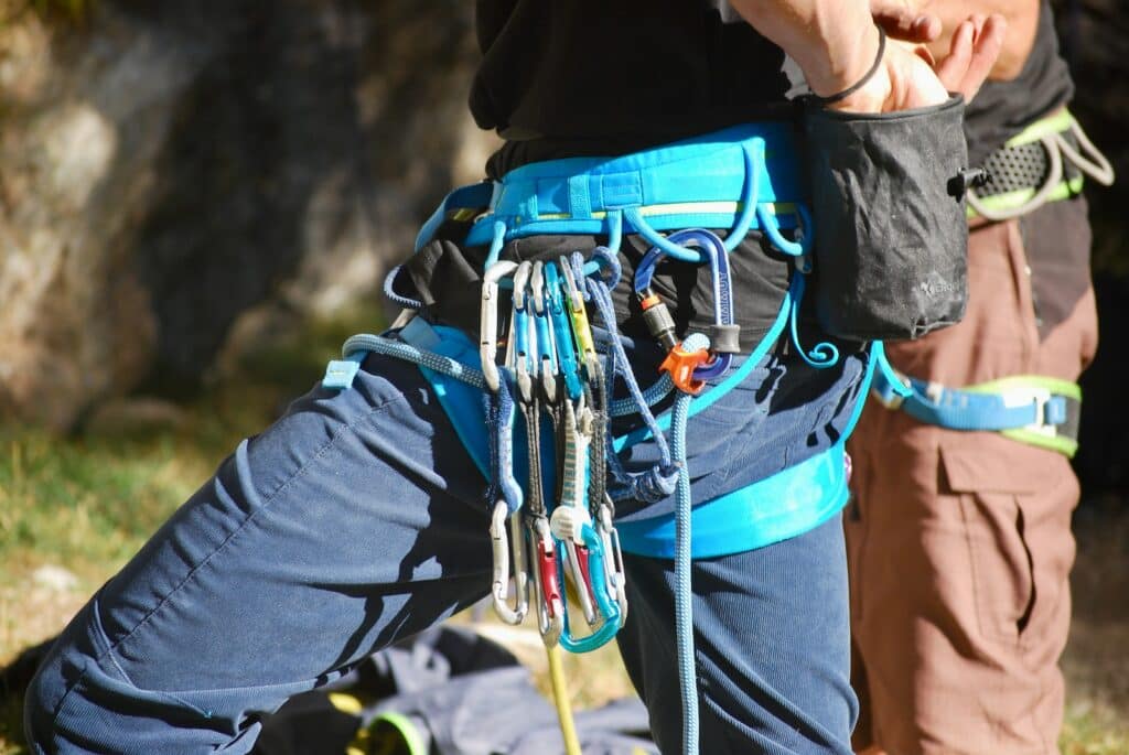close up of a person wearing their rock climbing equipment during Joshua Tree climbing season
